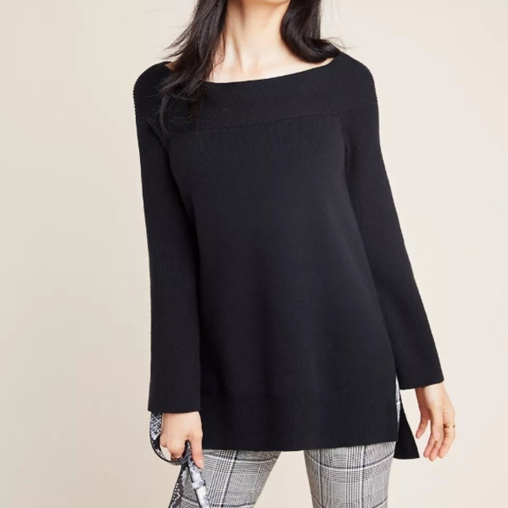 Anthropologie Elise Ribbed Tunic Off The Shoulder Sweater Top Black Size‎ Small